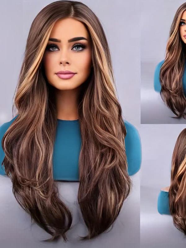 26 Inch Mixed Brown Highlights Long Wavy Wigs for Women, Natural Fluffy Wigs without Bangs, Heat Resistant Fiber Synthetic Wigs for Party, Daily Hairstyle Ideas