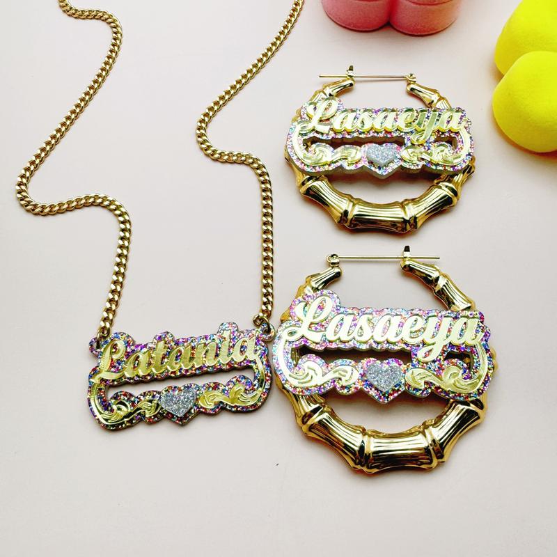 2pcs set of personalized acrylic name sets with glitter love Y2K cute DIY creative customizable English letter double-layer plaque necklace earring jewelry set suitable for all seasons Women's birthday gift