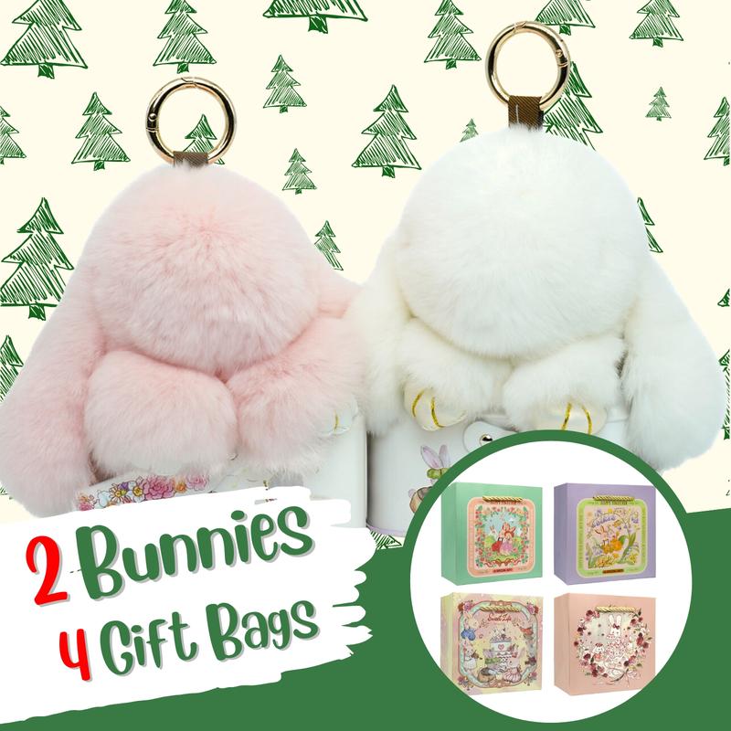 BunnyLulu x Holiday Bundle -  White & Brown Bunny PomPom Keychain with 4 Eco Friendly Gift Bags, Christmas Gift Packing