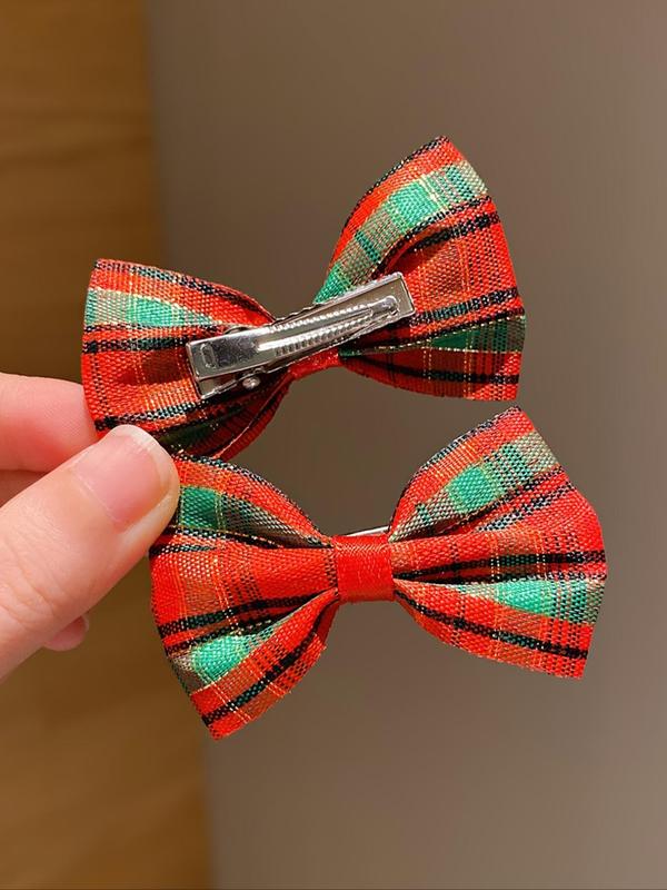 Christmas Themed Cute Plaid Pattern Bow Decor Hair Clips, Christmas Themed Hair Accessories for Women & Girls, Fashion Hair Accessories for Party, Daily Clothing Decor