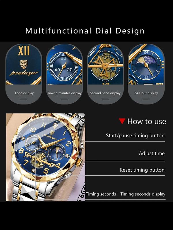 Men's Business Fashion Rhinestone Decorated Analog Quartz Watch, Fashion Waterproof Luminous Chronograph Watch for Party, Daily Clothing Decor, Trendy All-match & Exquisite Watch for Birthday Gift with Box