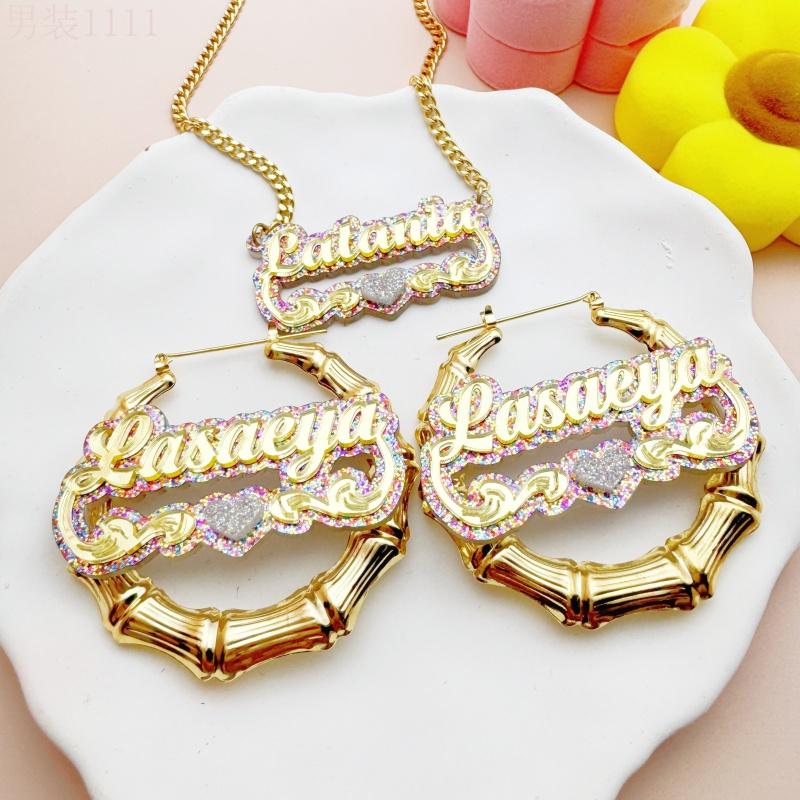 2pcs set of personalized acrylic name sets with glitter love Y2K cute DIY creative customizable English letter double-layer plaque necklace earring jewelry set suitable for all seasons Women's birthday gift