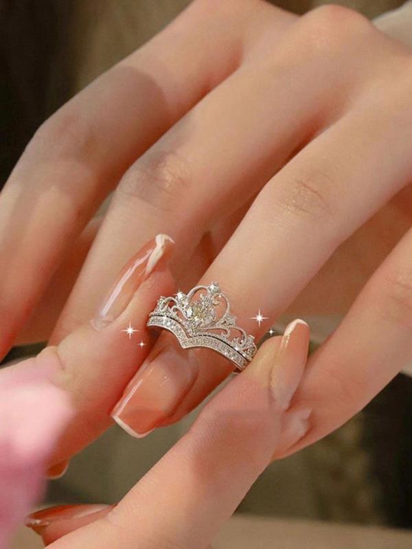 Proposal 2pcs set Minimalist Elegant Plain Rhinestone Decor Crown Design Engagement Rings, Fashion Wishbone Ring Matching Rings Accessories for Women & Girls