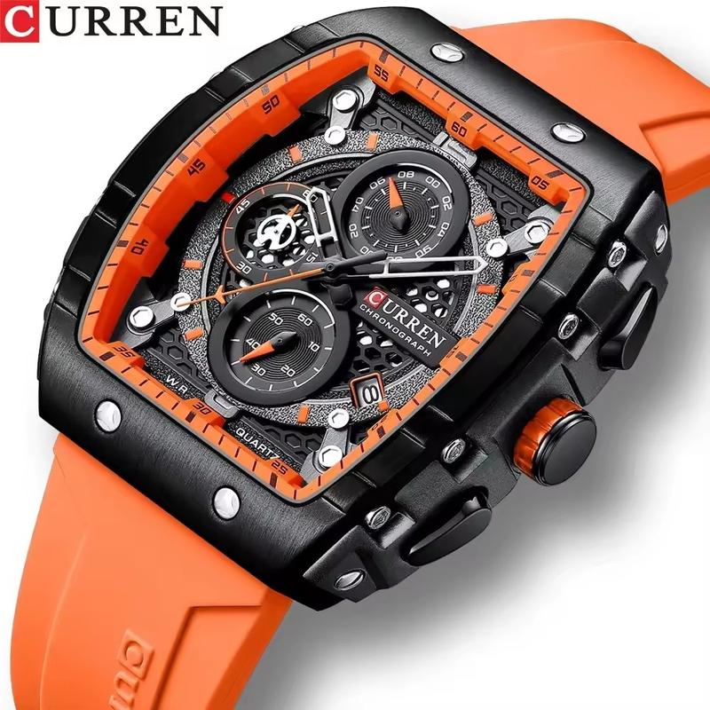 CURREN 8442 Quartz Man WristWatch Tonneau Waterproof Chronograph Men Watch Silicone Sport Male Clock Auto Date Relogio Masculino