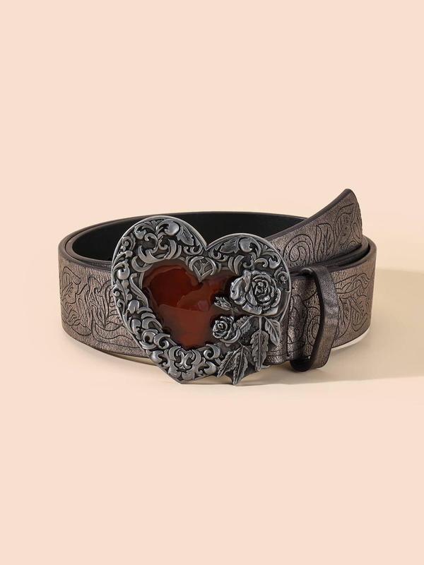 Women's Artificial Gemstone Decor Heart Shaped Buckle y2k Belt, vintage retro Fashion PU Leather Waistband for Casual Jeans, cowgirl style trendy hippie accessories