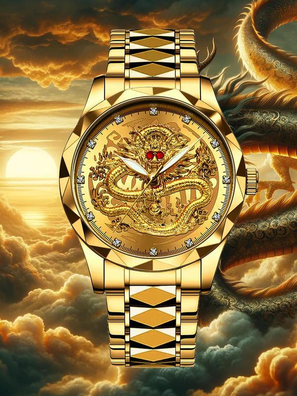 Men's Business Rhinestone Decorated Dragon Totem Watch with Box,  Fashion Watch for Party, Daily Clothing Decor, Minimalist Aesthetic Watch Gift