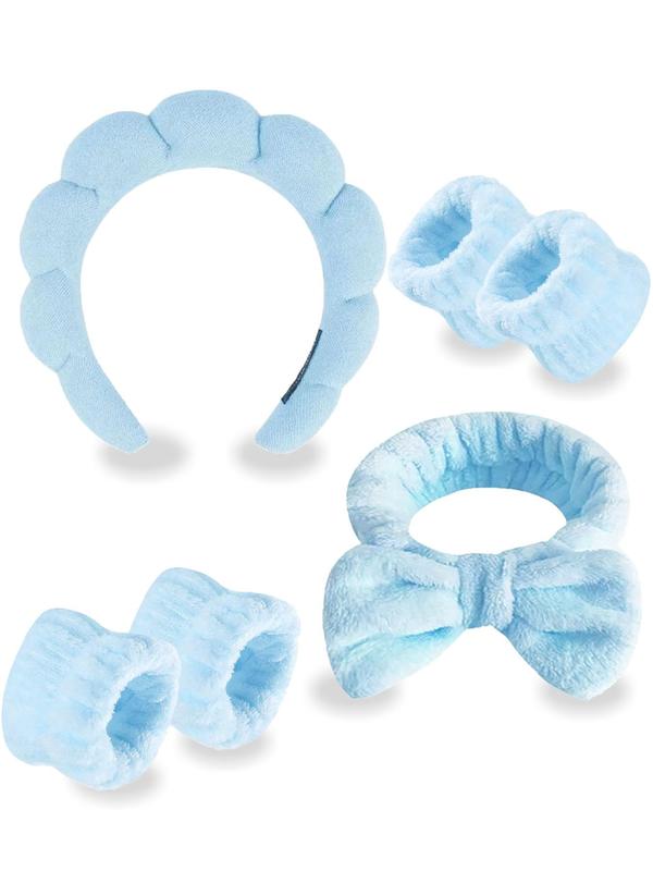 Solid Color Face Washing Set, Including Hair Hoop, Bow Decor Hair Band, Wrist Band, Sweet and Cute Hair Accessories Suitable for Face Washing