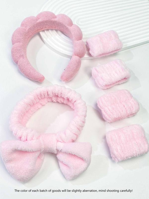 Solid Color Face Washing Set, Including Hair Hoop, Bow Decor Hair Band, Wrist Band, Sweet and Cute Hair Accessories Suitable for Face Washing