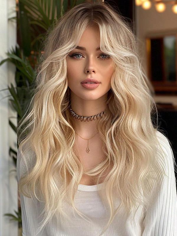 26 Inch Long Blonde Highlight Wavy Wigs for Women, Gorgeous Fluffy Wigs with Curtain Bangs, Synthetic Full Machine Wigs for Party, Daily Use