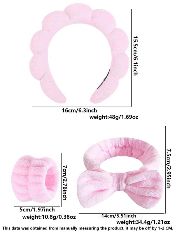 Solid Color Face Washing Set, Including Hair Hoop, Bow Decor Hair Band, Wrist Band, Sweet and Cute Hair Accessories Suitable for Face Washing