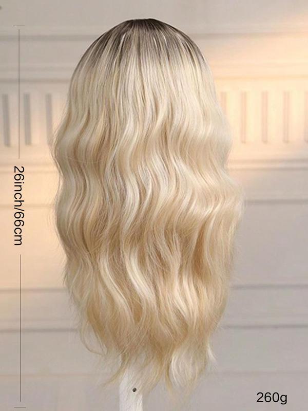 26 Inch Long Blonde Highlight Wavy Wigs for Women, Gorgeous Fluffy Wigs with Curtain Bangs, Synthetic Full Machine Wigs for Party, Daily Use