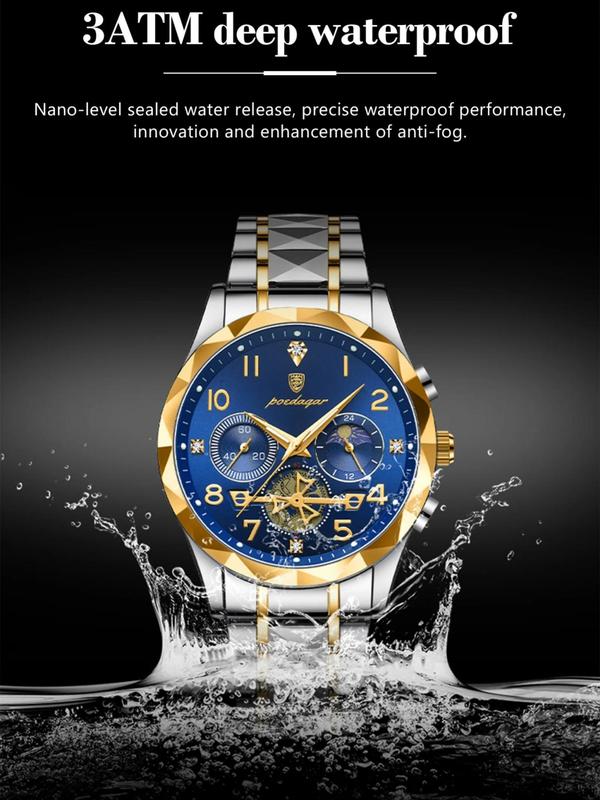 Men's Business Fashion Rhinestone Decorated Analog Quartz Watch, Fashion Waterproof Luminous Chronograph Watch for Party, Daily Clothing Decor, Trendy All-match & Exquisite Watch for Birthday Gift with Box