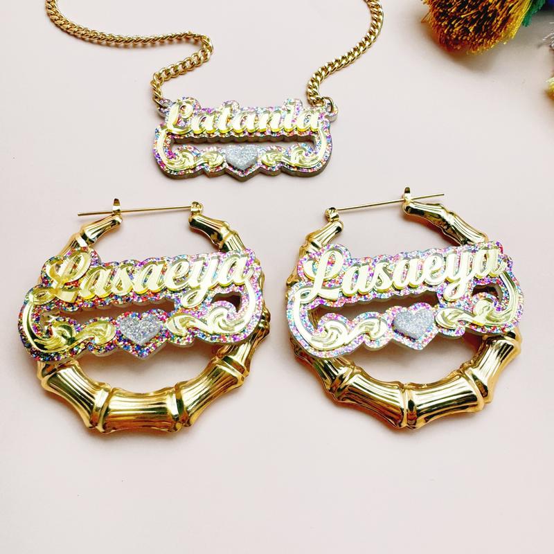 2pcs set of personalized acrylic name sets with glitter love Y2K cute DIY creative customizable English letter double-layer plaque necklace earring jewelry set suitable for all seasons Women's birthday gift