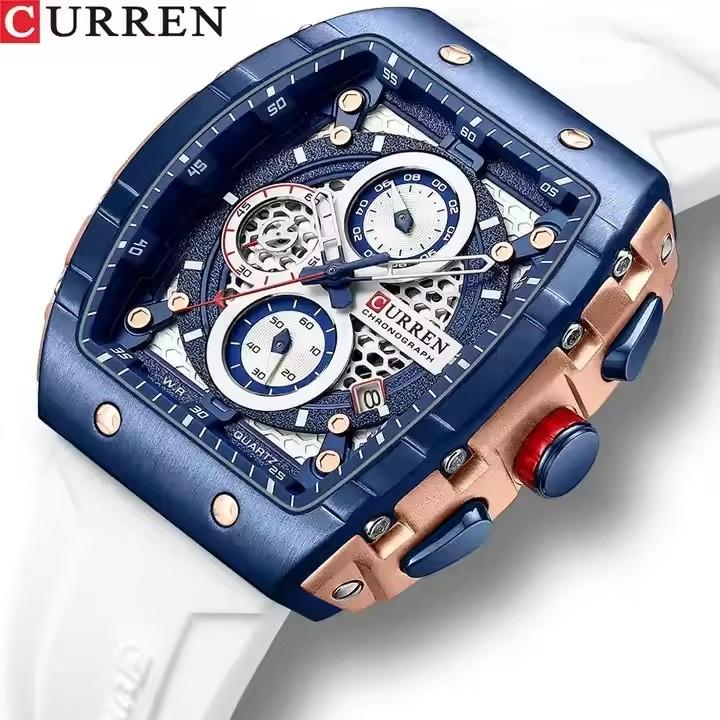 CURREN 8442 Quartz Man WristWatch Tonneau Waterproof Chronograph Men Watch Silicone Sport Male Clock Auto Date Relogio Masculino