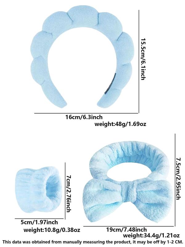 Solid Color Face Washing Set, Including Hair Hoop, Bow Decor Hair Band, Wrist Band, Sweet and Cute Hair Accessories Suitable for Face Washing