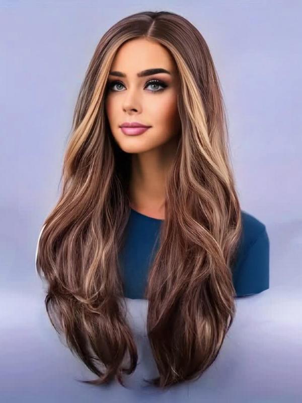 26 Inch Mixed Brown Highlights Long Wavy Wigs for Women, Natural Fluffy Wigs without Bangs, Heat Resistant Fiber Synthetic Wigs for Party, Daily Hairstyle Ideas