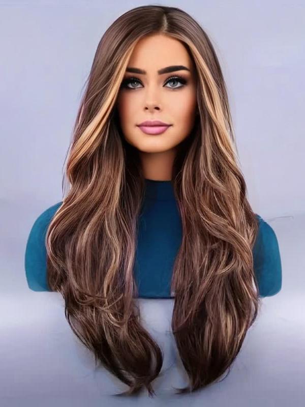 26 Inch Mixed Brown Highlights Long Wavy Wigs for Women, Natural Fluffy Wigs without Bangs, Heat Resistant Fiber Synthetic Wigs for Party, Daily Hairstyle Ideas