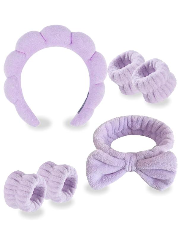 Solid Color Face Washing Set, Including Hair Hoop, Bow Decor Hair Band, Wrist Band, Sweet and Cute Hair Accessories Suitable for Face Washing