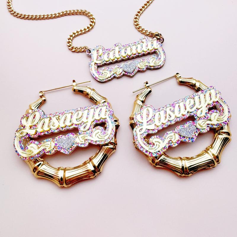 2pcs set of personalized acrylic name sets with glitter love Y2K cute DIY creative customizable English letter double-layer plaque necklace earring jewelry set suitable for all seasons Women's birthday gift