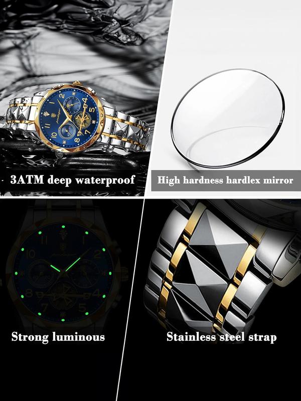 Men's Business Fashion Rhinestone Decorated Analog Quartz Watch, Fashion Waterproof Luminous Chronograph Watch for Party, Daily Clothing Decor, Trendy All-match & Exquisite Watch for Birthday Gift with Box