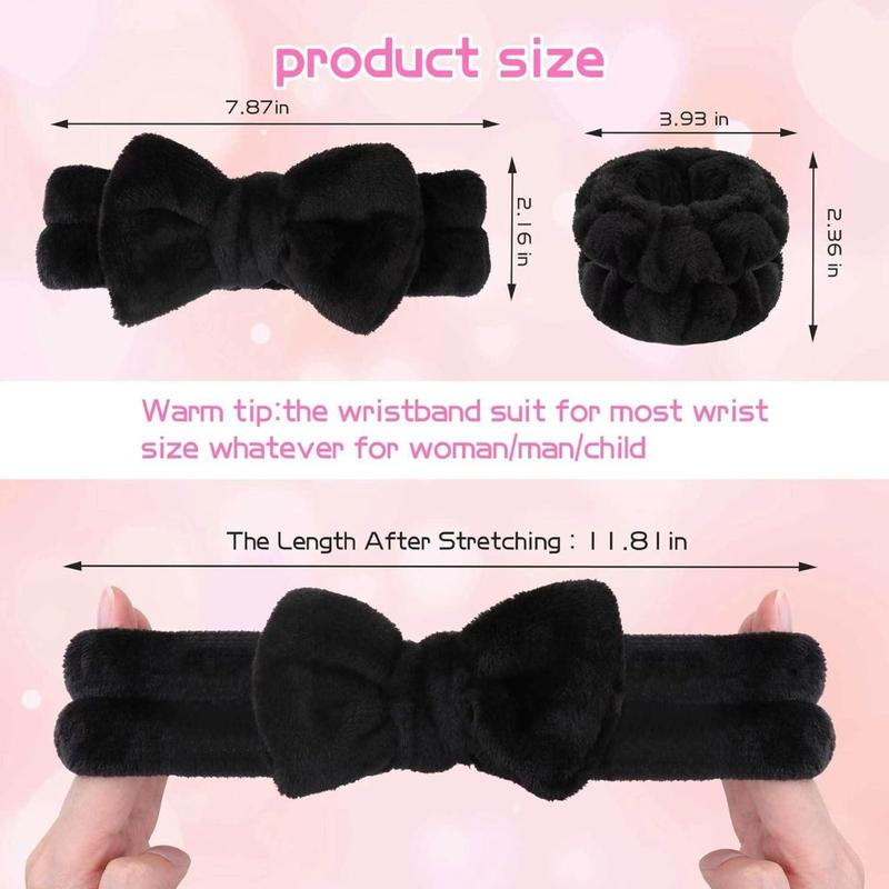 Makeup Headbands, 1 count Black Spa Headband Fluffy Bow Tie Headband Microfiber Face Headband, and 2Pcs Wrist Spa Wash Band Absorbent Wristbands, for Washing Face Skin Care(Good thing)