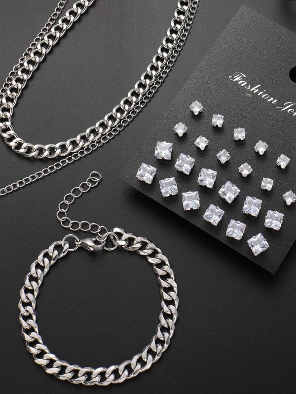 Rhinestone Decorated Stainless Steel Jewelry Set, Including Geometric  Stud Earrings & Chain Necklace & Cross Pendant Necklace & Chain Bracelet, without Box