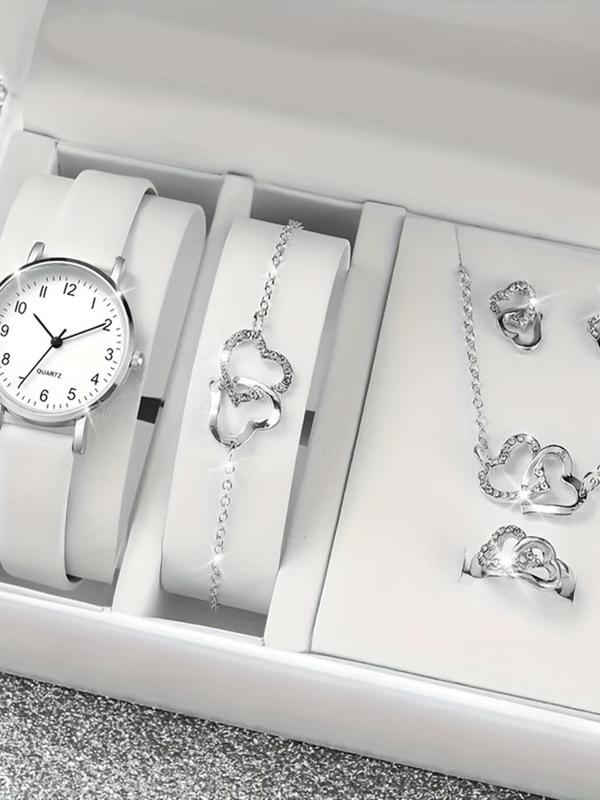 Women's Elegant Quartz Watch & Jewelry Set, Including Round Dial Analog Watch & Bracelet & Pendant Necklace & Ring & Stud Earrings, Fashion Watch Set for Women As Gift