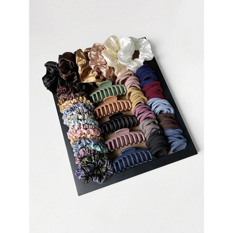 131pcs Simple Hair Clips & Ties Set, Korean Style, No Break Elastic Ponytail Holders, Morandi Color Series