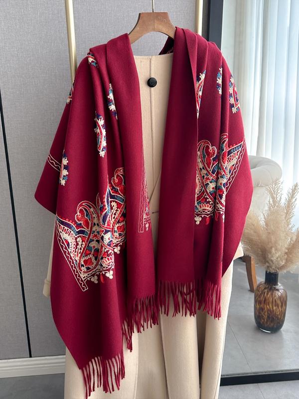 Women's Paisley Embroidery Tassel Decor Scarf, Casual Soft Warm Shawl for Fall & Winter, Fashion Accessories for Women & Girls