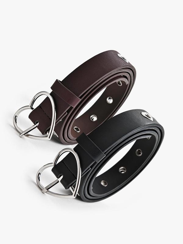 Fashion Heart Design Pu Buckle Belt (2pcs set), Hollow out Design Belt for Women & Men, Trendy All-match & Exquisite Belt for Daily & Party Clothing Decoration