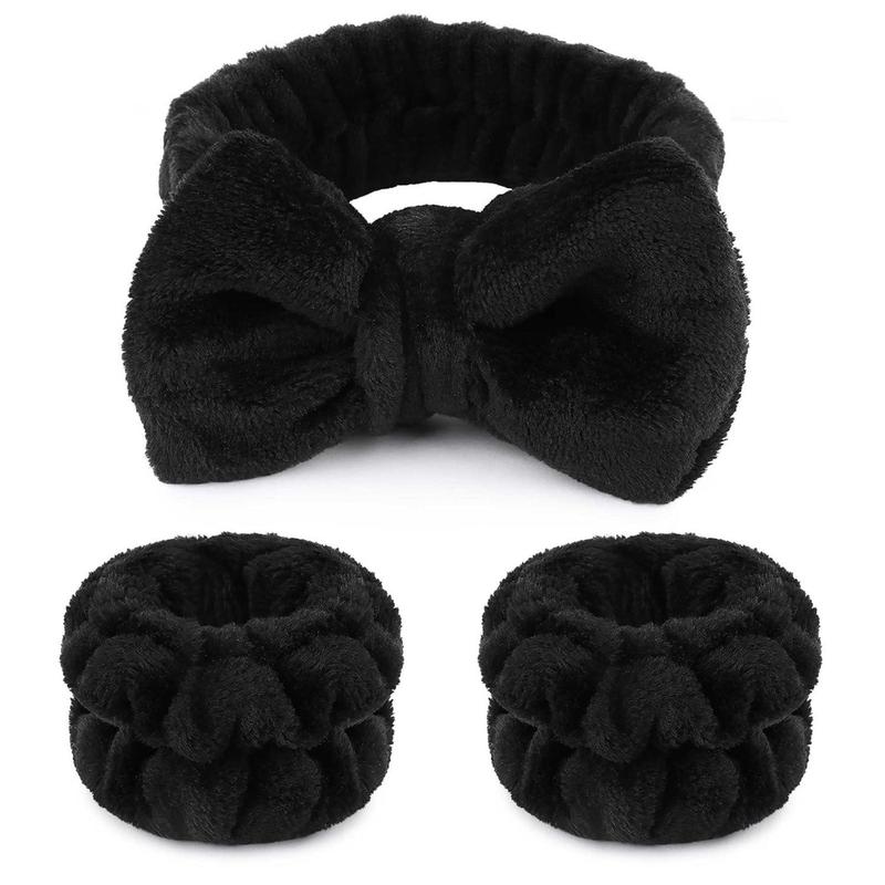 Makeup Headbands, 1 count Black Spa Headband Fluffy Bow Tie Headband Microfiber Face Headband, and 2Pcs Wrist Spa Wash Band Absorbent Wristbands, for Washing Face Skin Care(Good thing)