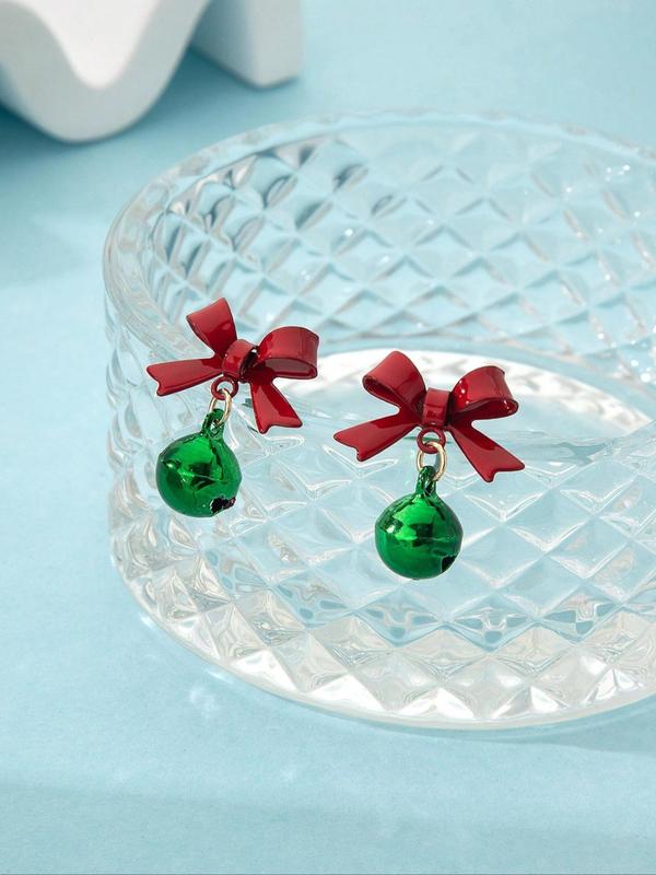 Christmas Themed Cute Bow & Bell Design Stud Earrings, Fashionable Jewelry for Women & Girls, Trendy All-match & Exquisite Jewelry for Birthday Gift