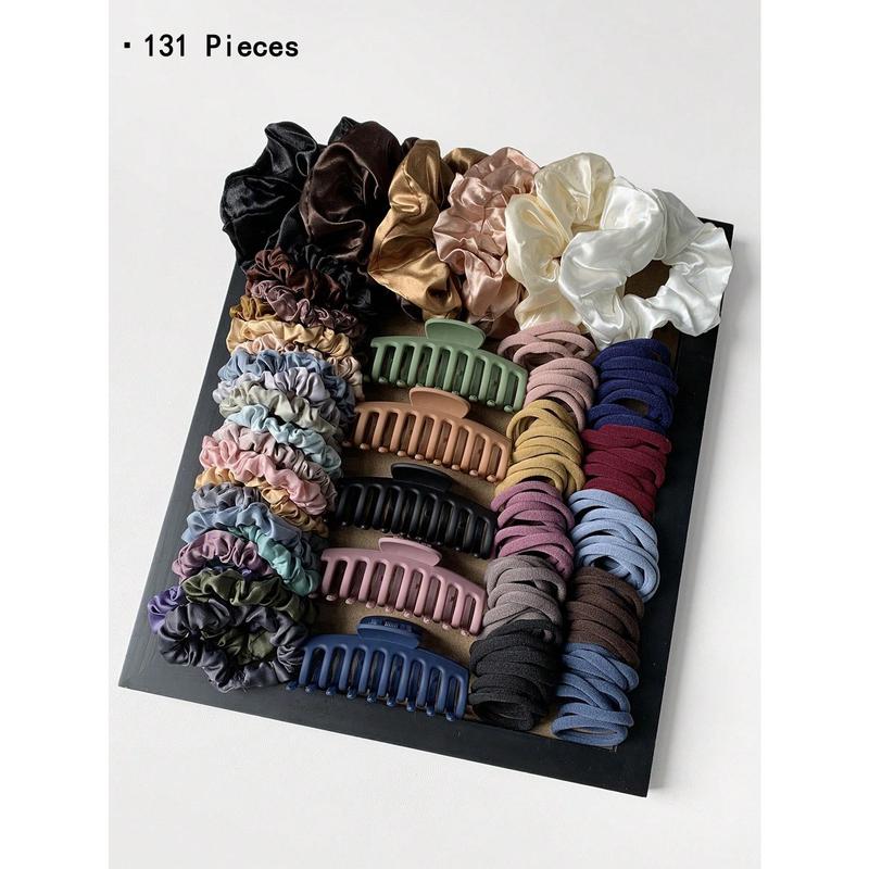 131pcs Simple Hair Clips & Ties Set, Korean Style, No Break Elastic Ponytail Holders, Morandi Color Series