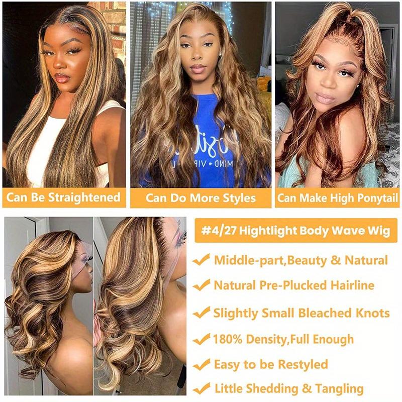 200 Density Highlight Gradient Lace Front Wig Human Hair 13x4 HD 4 27 Honey Blonde Lace Front Wig Pre Plucked Baby Hair Color Body Wave Lace Front Wig Human Hair Natural Hairline