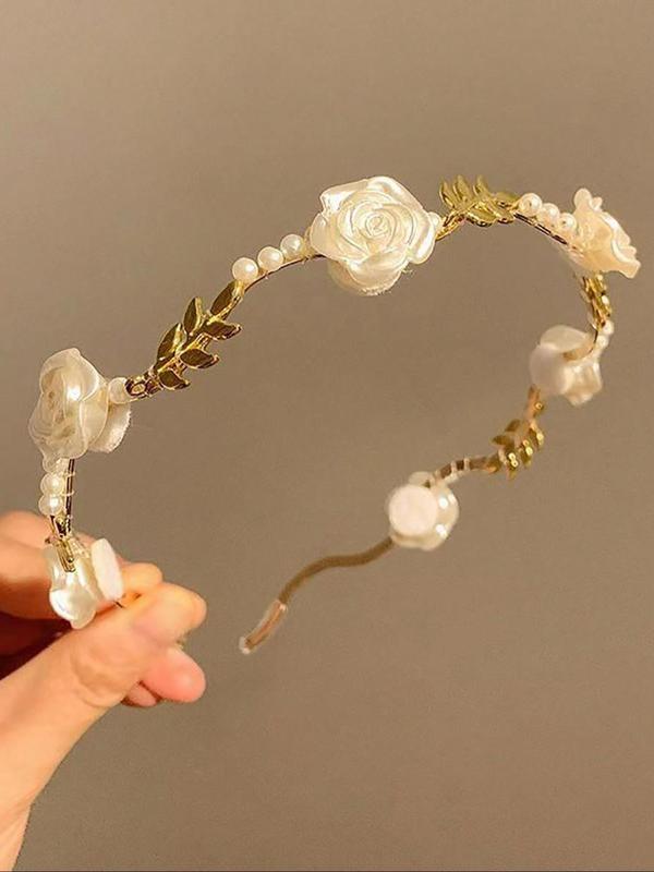 Rose & Leaf Design Headband, Boho Style Hair Hoop for Wedding Bridal Party Formal Occasions, Fashion Hair Accessories for Women & Girls