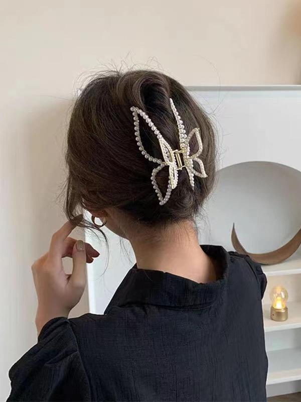 Elegant Style Faux Pearl Decor & Butterfly Design Hair Claw Clip, Butterfly Hair Claw for Women & Girls, Fashion Hair Styling Accessories Perfect, All-match Fashion Accessories for Daily Wear