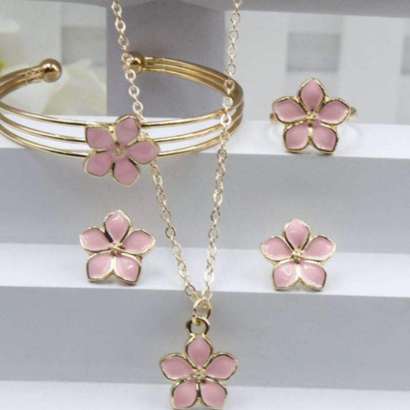 5pcs set Pink Cherry Blossom Necklace, Bracelet, Earrings, Ring Set - Fashionable Design for Festivals - Gift for Her