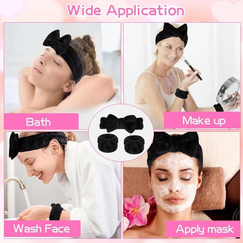 Makeup Headbands, 1 count Black Spa Headband Fluffy Bow Tie Headband Microfiber Face Headband, and 2Pcs Wrist Spa Wash Band Absorbent Wristbands, for Washing Face Skin Care(Good thing)