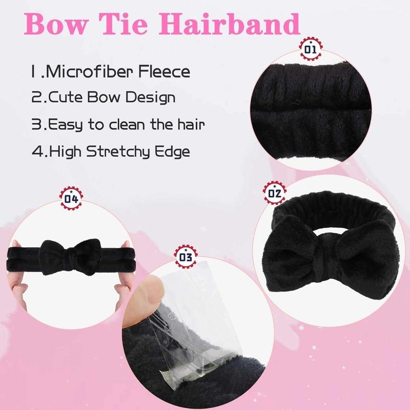 Makeup Headbands, 1 count Black Spa Headband Fluffy Bow Tie Headband Microfiber Face Headband, and 2Pcs Wrist Spa Wash Band Absorbent Wristbands, for Washing Face Skin Care(Good thing)