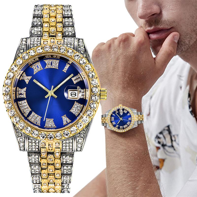 SilverMelody Hip Hop Watches for Men Iced-Out Bling Diamond Luxury Quartz Watches with Date