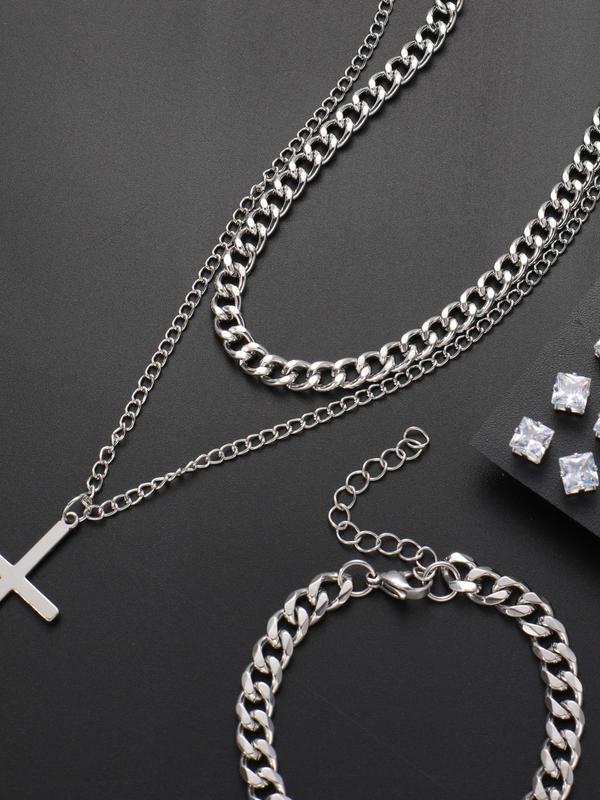 Rhinestone Decorated Stainless Steel Jewelry Set, Including Geometric  Stud Earrings & Chain Necklace & Cross Pendant Necklace & Chain Bracelet, without Box