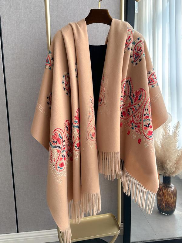 Women's Paisley Embroidery Tassel Decor Scarf, Casual Soft Warm Shawl for Fall & Winter, Fashion Accessories for Women & Girls