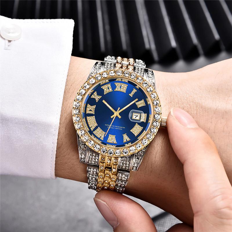 SilverMelody Hip Hop Watches for Men Iced-Out Bling Diamond Luxury Quartz Watches with Date