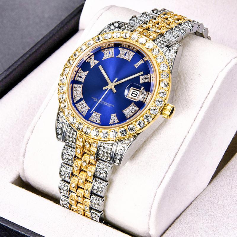 SilverMelody Hip Hop Watches for Men Iced-Out Bling Diamond Luxury Quartz Watches with Date