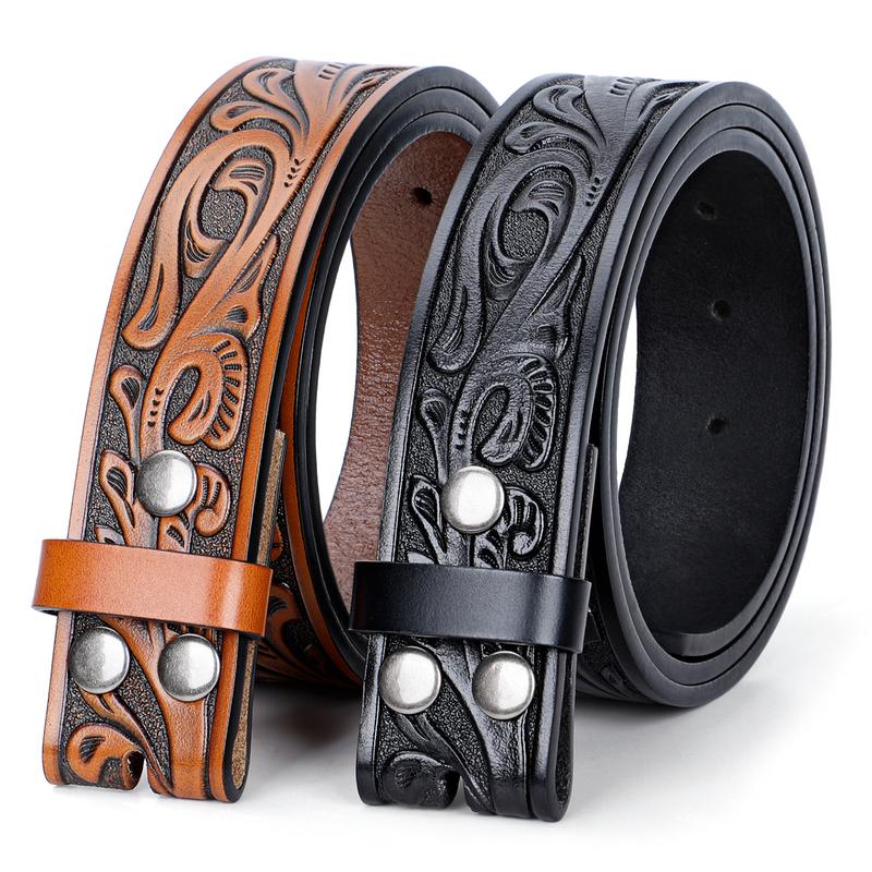 2 Pack Western Leather Belt Strap for Men Women without Buckle Cowboy Cowgirl Tooled Leather Engraved Belt Strap For Jeans