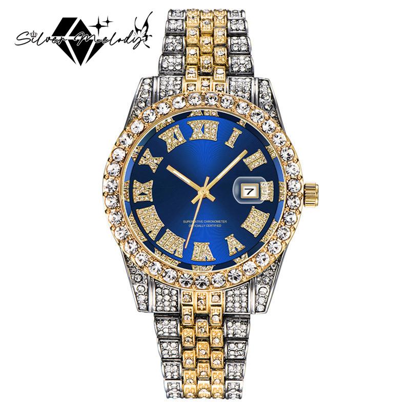 SilverMelody Hip Hop Watches for Men Iced-Out Bling Diamond Luxury Quartz Watches with Date