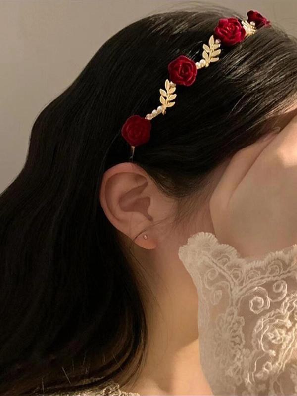 Rose & Leaf Design Headband, Boho Style Hair Hoop for Wedding Bridal Party Formal Occasions, Fashion Hair Accessories for Women & Girls