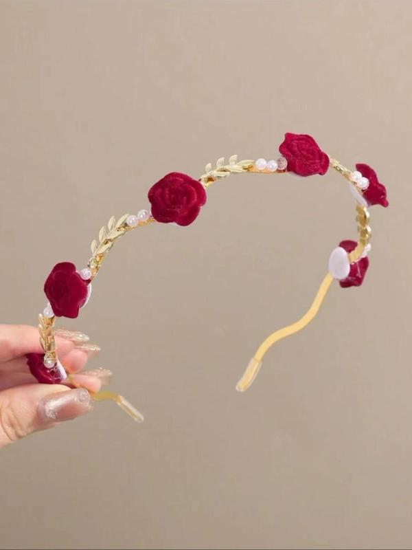 Rose & Leaf Design Headband, Boho Style Hair Hoop for Wedding Bridal Party Formal Occasions, Fashion Hair Accessories for Women & Girls