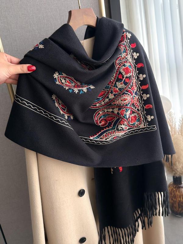 Women's Paisley Embroidery Tassel Decor Scarf, Casual Soft Warm Shawl for Fall & Winter, Fashion Accessories for Women & Girls