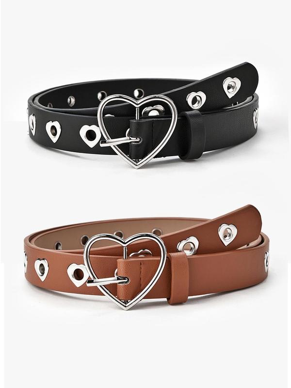 Fashion Heart Design Pu Buckle Belt (2pcs set), Hollow out Design Belt for Women & Men, Trendy All-match & Exquisite Belt for Daily & Party Clothing Decoration